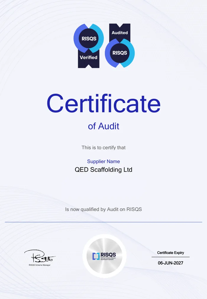 RISQS certificate of audit for QED Scaffolding, expiry June 2027