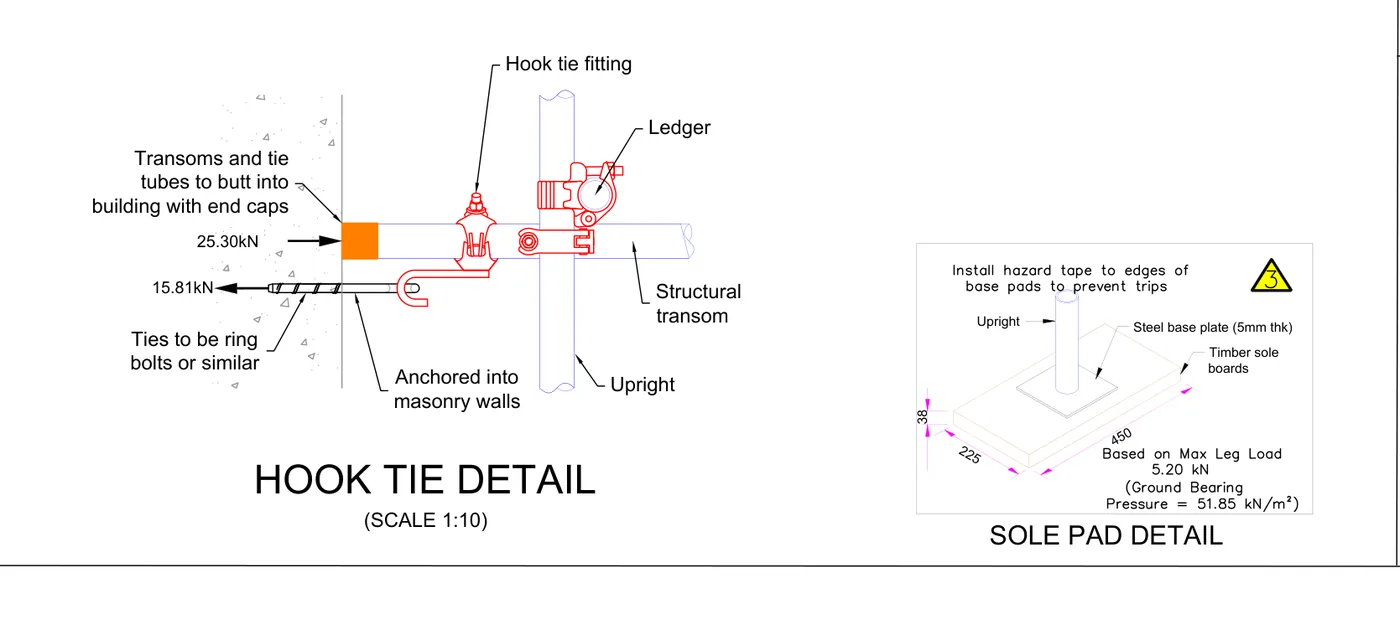 Detail from a QED in-house scaffold drawing: hook tie and sole pad details with loads