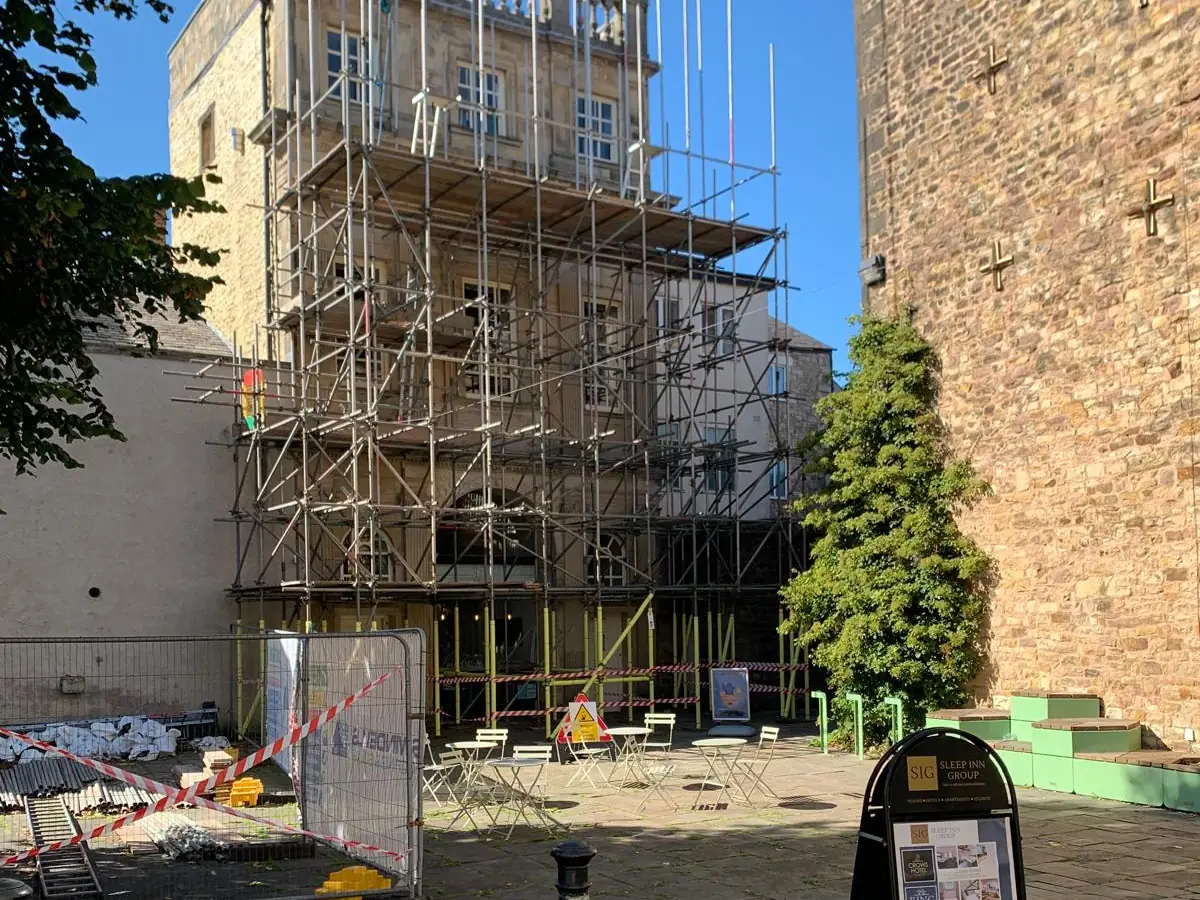 Free-standing scaffold around the Music Room, a Grade II* listed building in Lancaster